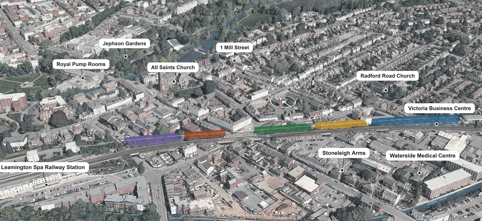 Aerial visualisation of the route from the south, each garden highlighted in its own colour