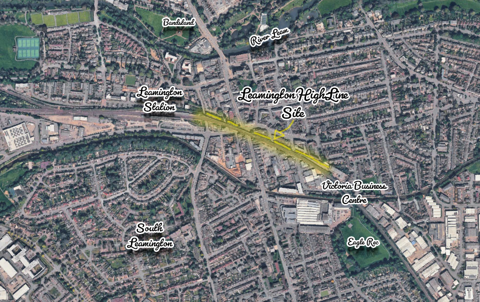 Aerial view of Royal Leamington Spa showing the five gardens along the viaduct route